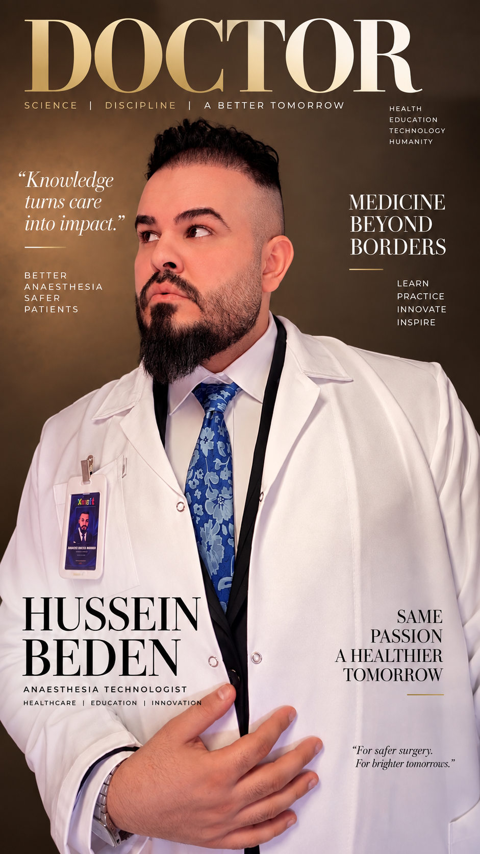 Portrait of Hussein Beden in a white medical coat
